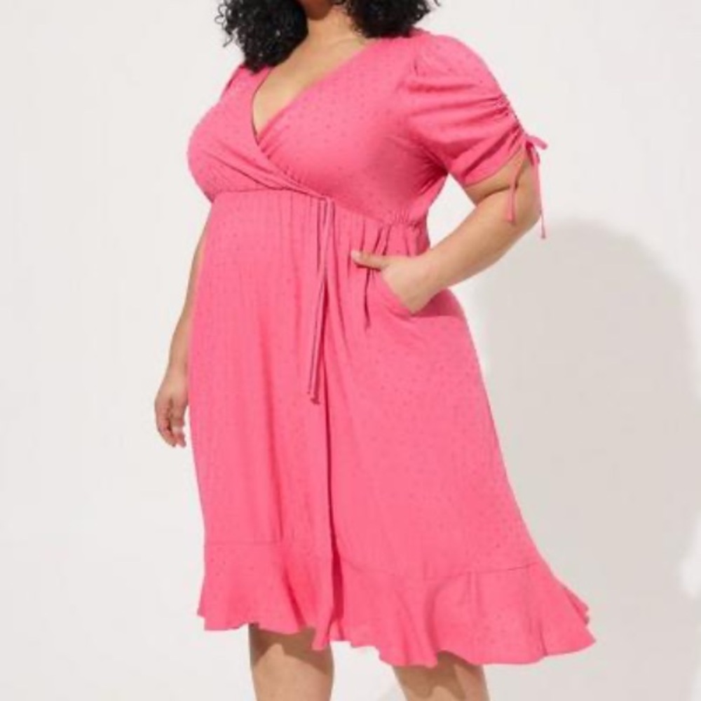 Torrid Midi Swiss Dot Surplice Wrap Dress - Honeysuckle - 2/2X
